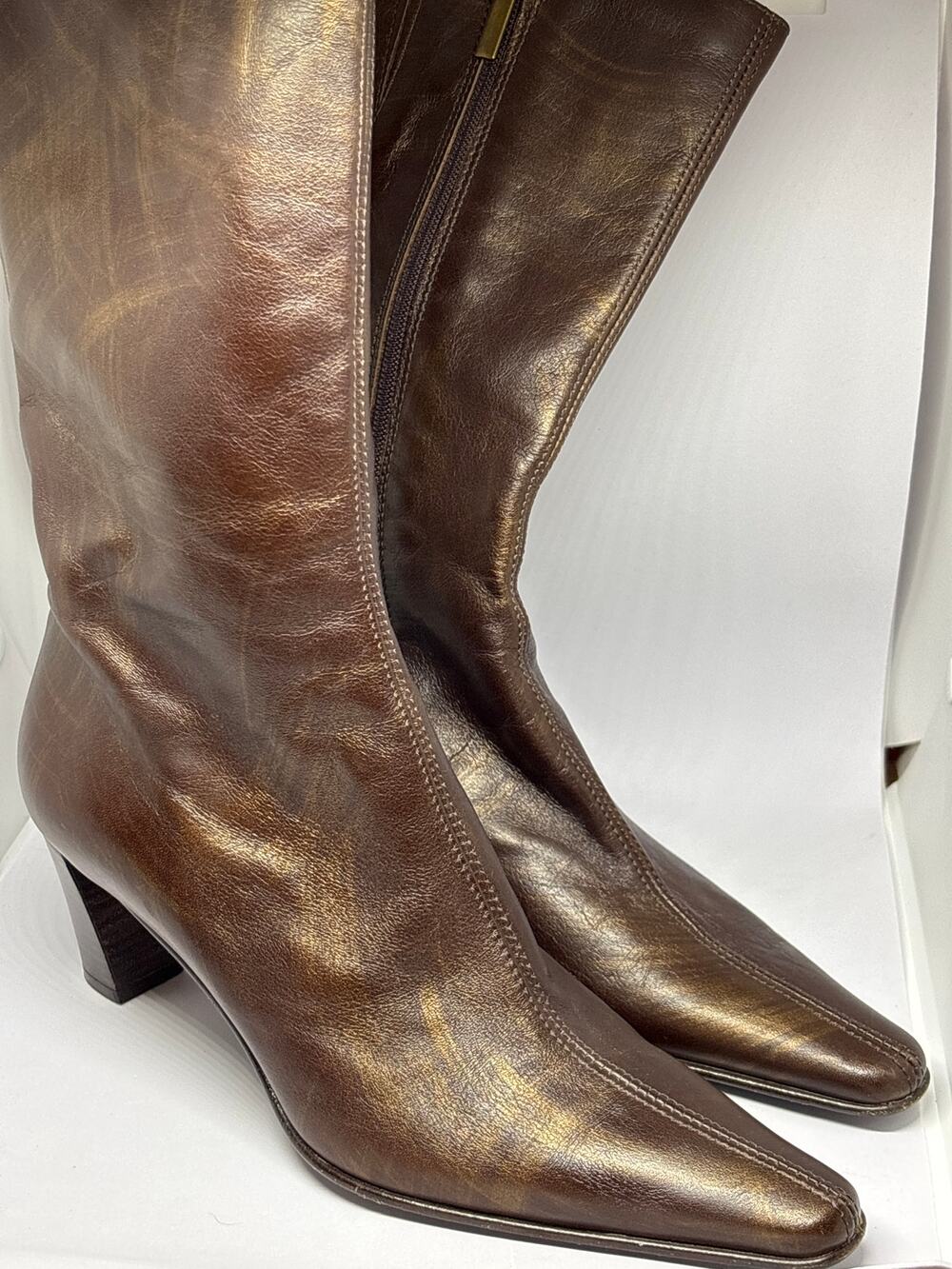 Aquatalia Bronze Leather Square Toe Block Heel Mid-Calf Boots Women's Size 7